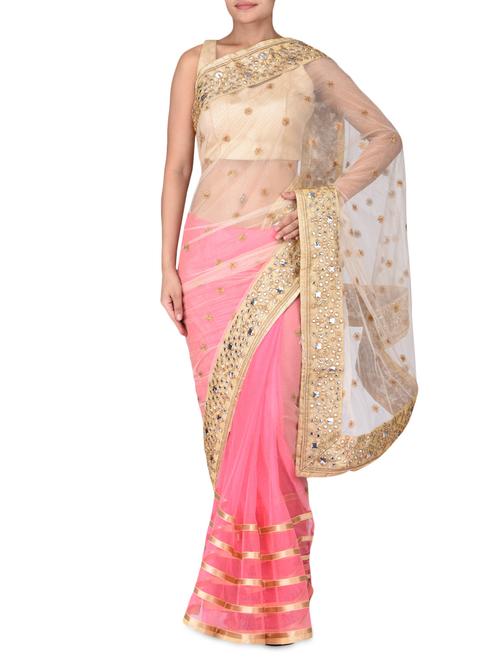 mirror embellished gold and pink net zari saree - 1174070 - Very Small Image - 1