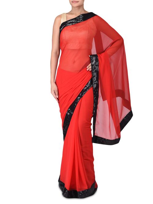 red chiffon saree with sequin border - 1174071 - Very Small Image - 1