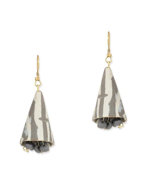 ceramic ivory & grey bead jhumki earring set - 11747594 - Very Small Image - 1