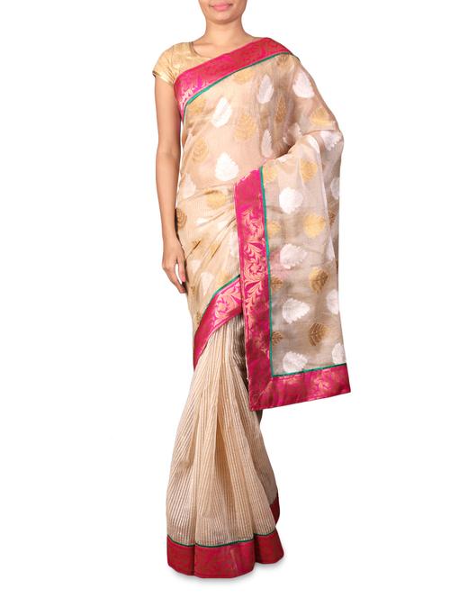 beige supernet saree with jacquard aanchal - 1175649 - Very Small Image - 1
