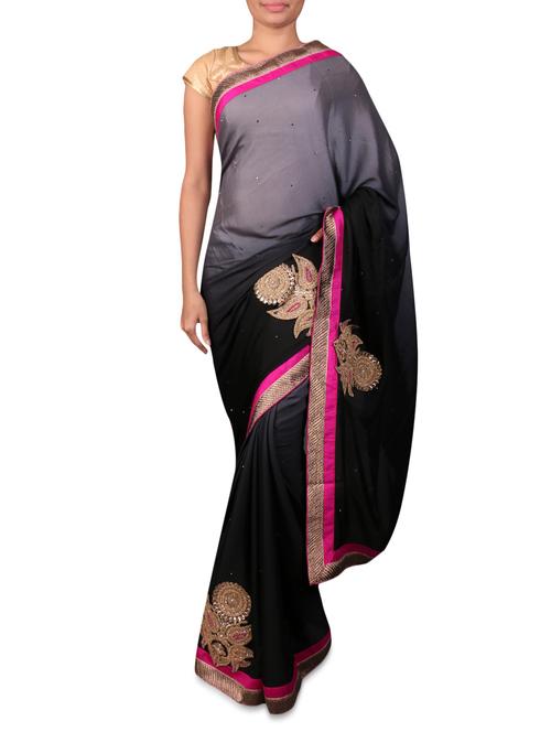 Black embroidered patch worked moss satin saree - 1177075 - Very Small Image - 1