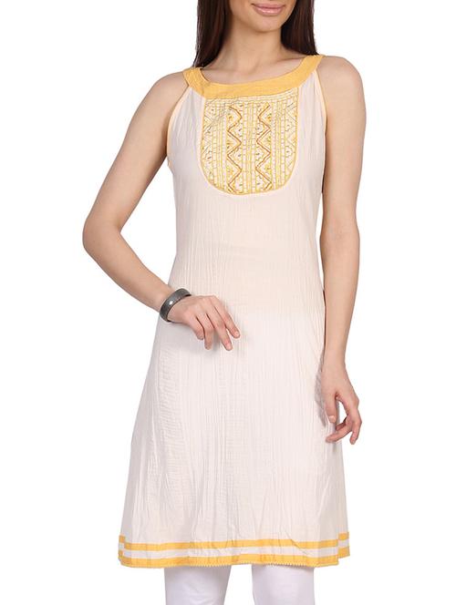 white cotton embroidered a-line kurta - 11775510 - Very Small Image - 1