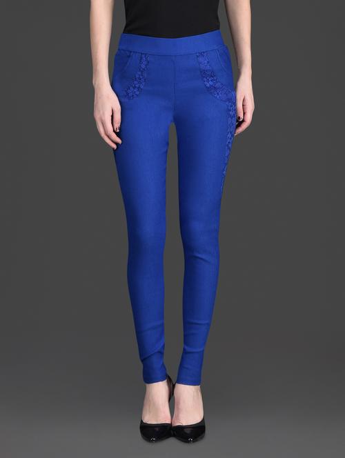 solid color laced pocket high waist blue jeggings - 1178656 - Very Small Image - 1
