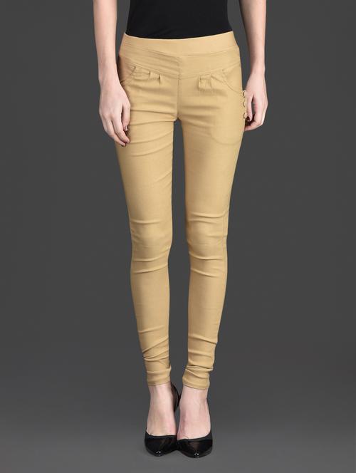 solid color elastic high waist beige jeggings - 1178668 - Very Small Image - 1