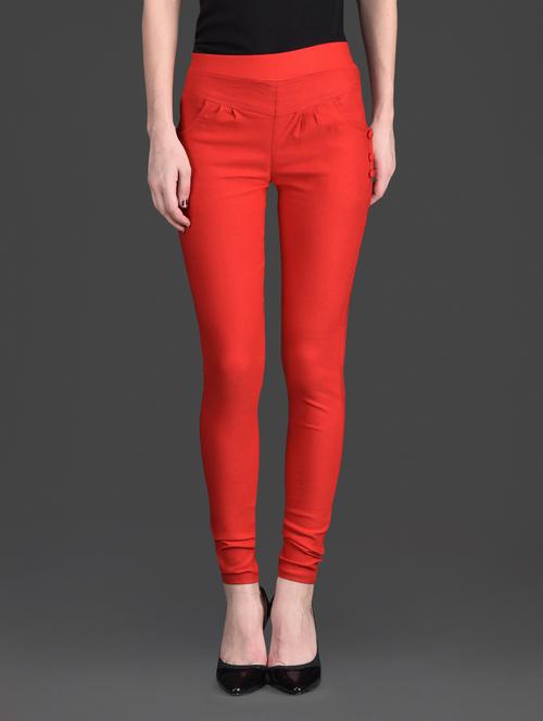 solid color elastic high waist red jeggings - 1178670 - Very Small Image - 1
