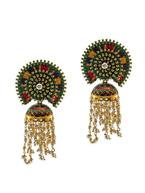multicoloured embellished and embroidered tasselled jhumkas - 11789738 - Very Small Image - 1