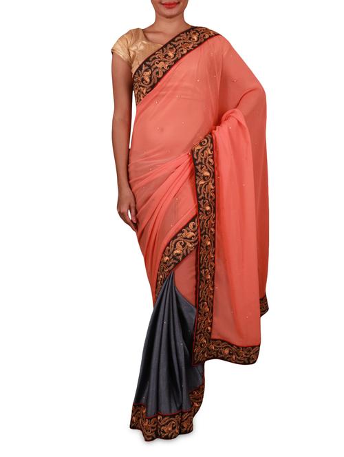 Peach and grey georgette half & half saree - 1179265 - Very Small Image - 1