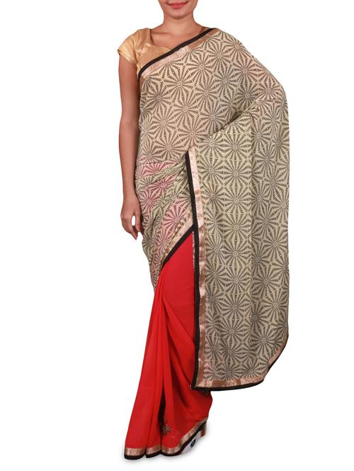 Beige & red georgette half & half saree - 1179278 - Very Small Image - 1