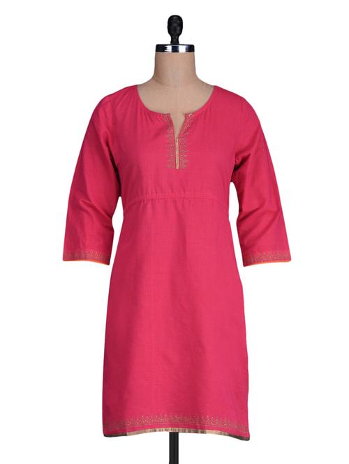 funnel neck quarter sleeve solid pink color kurta - 1182190 - Very Small Image - 1
