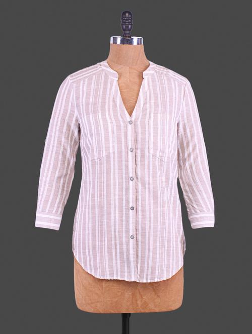 pink printed cotton linen look stripe shirt - 1183265 - Very Small Image - 1
