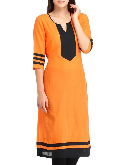 orange cotton blend straight kurta - 11836899 - Very Small Image - 1