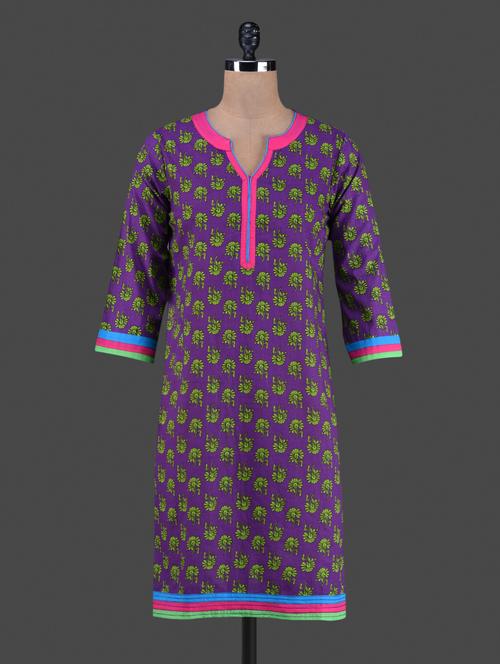 purple floral motif printed cotton kurta - 1186831 - Very Small Image - 1