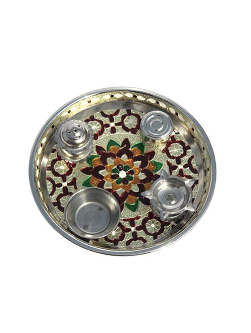 handicrafts paradise pooja thali meena work floral pattern in stainless steel - 11906616 - Very Small Image - 1