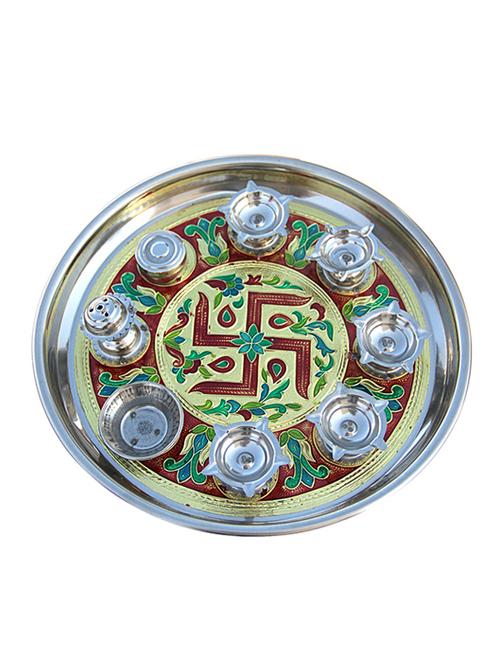 multi colored steel pooja thali - 11906631 - Very Small Image - 1