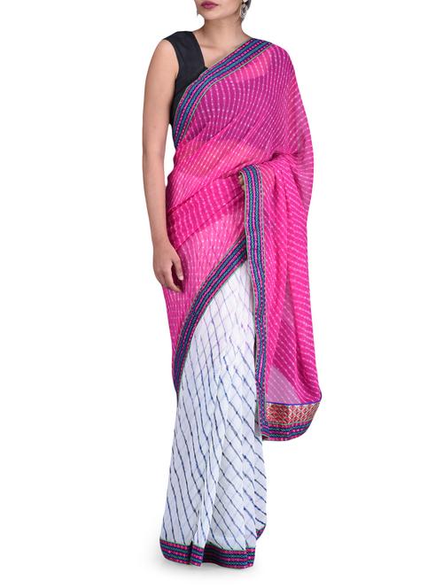 printed pink and white polygeorgette saree - 1191162 - Very Small Image - 1