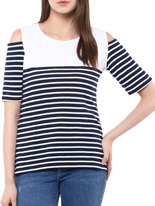 navy blue striped cotton regular top - 11913565 - Very Small Image - 1