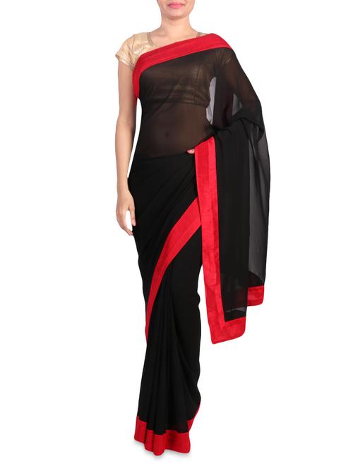 black faux georgette saree with red border - 1192803 - Very Small Image - 1