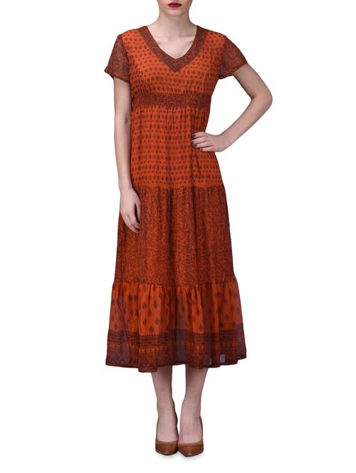 printed rust chiffon a-line midi dress - 1193624 - Very Small Image - 1