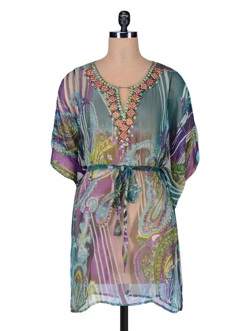 green viscose chiffon printed kaftan - 1196752 - Very Small Image - 1