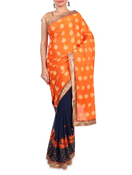 orange and navy blue georgette saree with blouse - 1199726 - Very Small Image - 1