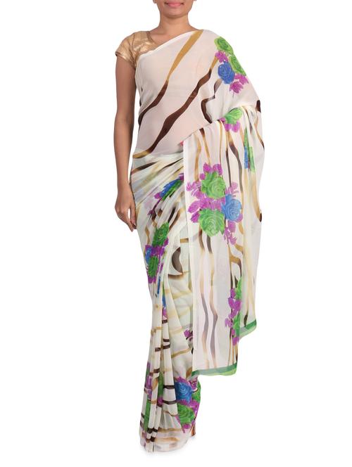 Floral printed cream georgette saree - 1201899 - Very Small Image - 1