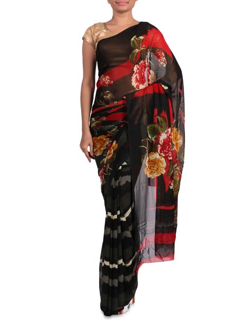 Floral printed black georgette saree - 1201913 - Very Small Image - 1