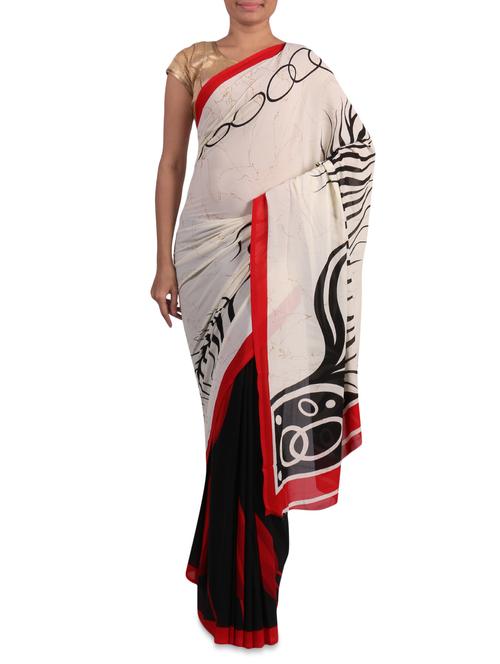 Printed white and black georgette saree - 1201964 - Very Small Image - 1