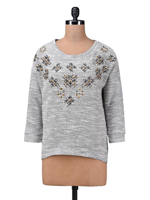 Grey plain zari embroidered viscose top - 1201991 - Very Small Image - 1
