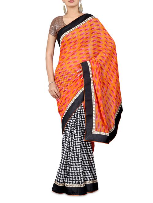 orange and black printed georgette saree - 1203157 - Very Small Image - 1