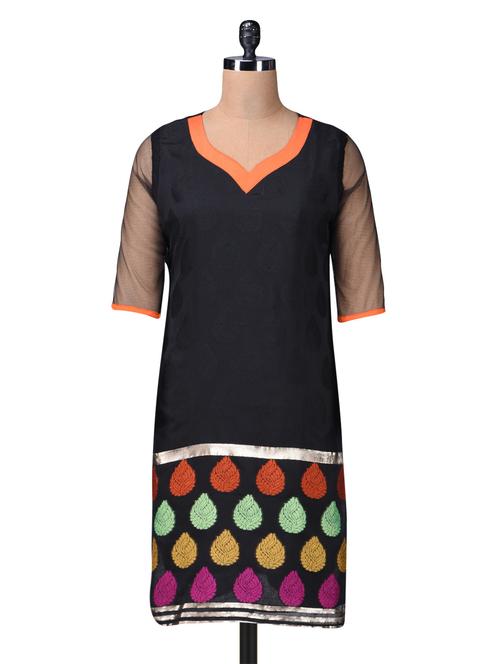 black chanderi silk jacquard kurta - 1203388 - Very Small Image - 1