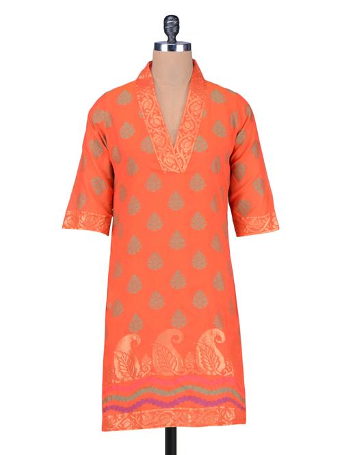 orange jacquard chanderi silk kurta - 1203409 - Very Small Image - 1