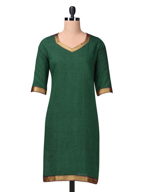 dark green cotton kurta with brocade lace - 1203421 - Very Small Image - 1