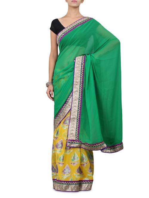 printed green & yellow heavy border chiffon saree - 1205626 - Very Small Image - 1