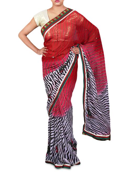 red georgette printed saree - 1206366 - Very Small Image - 1