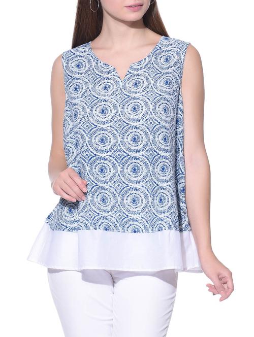 blue and white sleeveless chanderi silk layered top - 12080974 - Very Small Image - 1