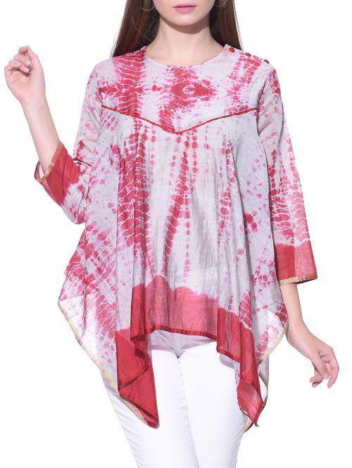 red and grey chanderi silk printed asymmetrical top - 12080979 - Very Small Image - 1