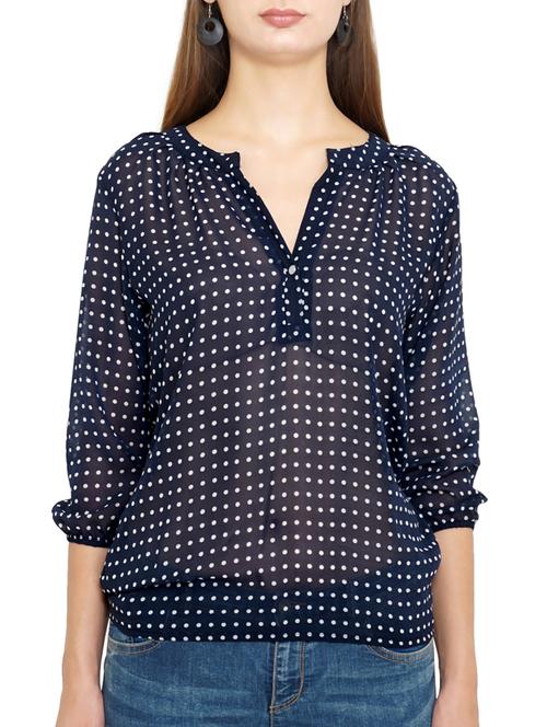 navy blue printed poly georgette balloon top - 12086675 - Very Small Image - 1