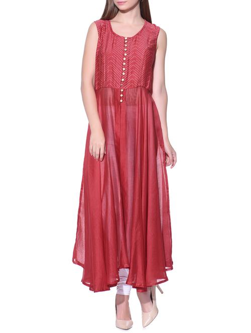 red chanderi long sleeveless dress - 12100529 - Very Small Image - 1