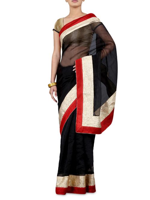 Black Cotton Lace Saree - 1211331 - Very Small Image - 1
