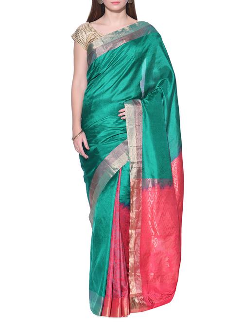 teal pure silk handloom saree with blouse - 12113315 - Very Small Image - 1
