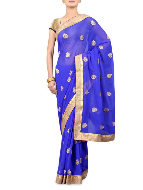 Royal Blue Georgette Zari Saree - 1211332 - Very Small Image - 1