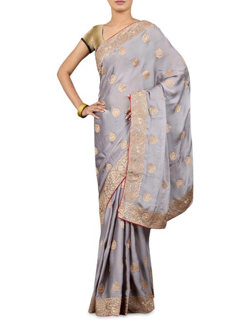 Grey Chiffon Zari Saree - 1211336 - Very Small Image - 1