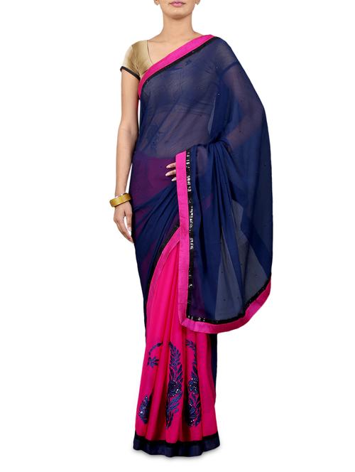 Embroidered Fuchsia and Navy Blue Saree - 1211345 - Very Small Image - 1