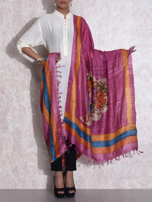 magenta tussar silk hand painted dupatta - 1211607 - Very Small Image - 1