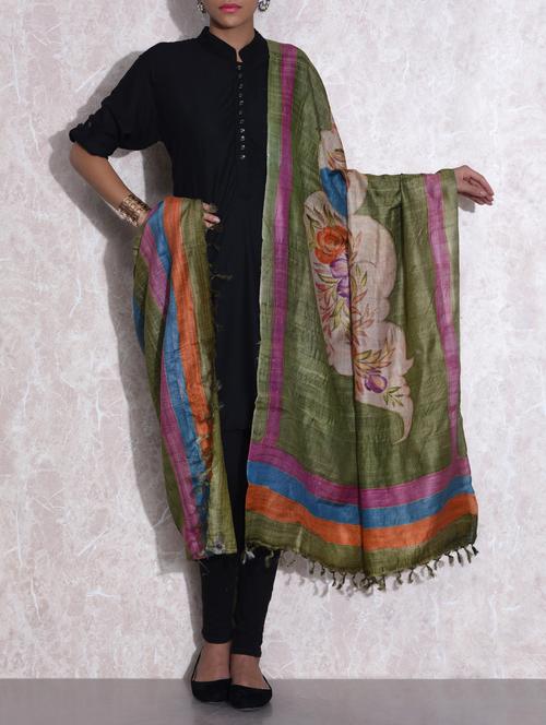 green tussar silk printed dupatta - 1211610 - Very Small Image - 1