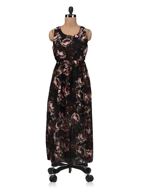 black polygeorgette printed maxi dress - 1213162 - Very Small Image - 1