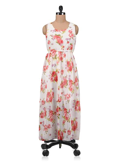 white polygeorgette printed maxi dress - 1213163 - Very Small Image - 1