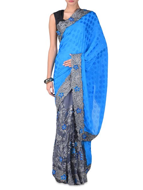 blue and grey embroidered saree - 1214452 - Very Small Image - 1