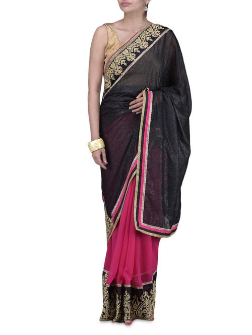 black polygeorgette embroidered sari - 1214586 - Very Small Image - 1