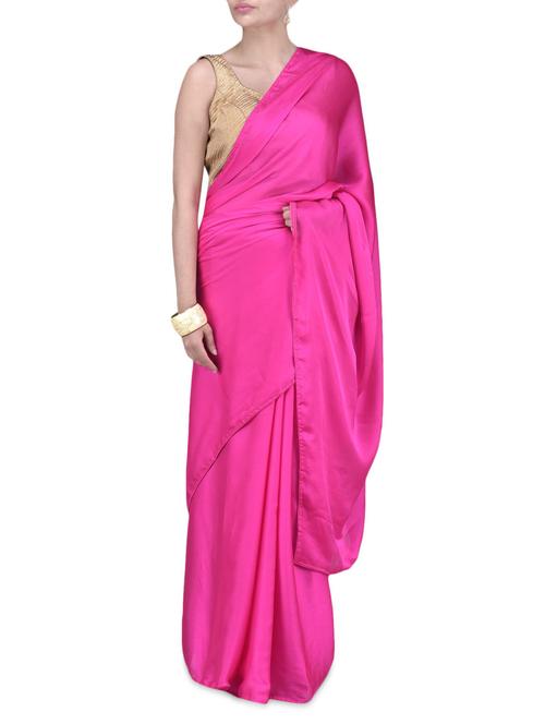 solid fuchsia satin chiffon sari - 1214595 - Very Small Image - 1